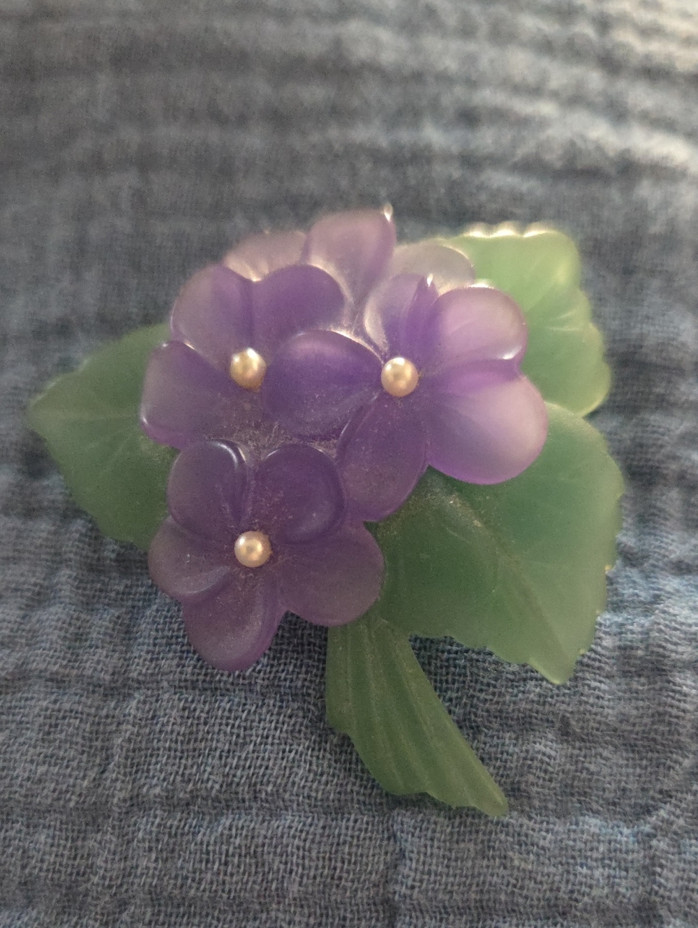 Purple Floral Pin Brooch with Green Leaves - Unbranded